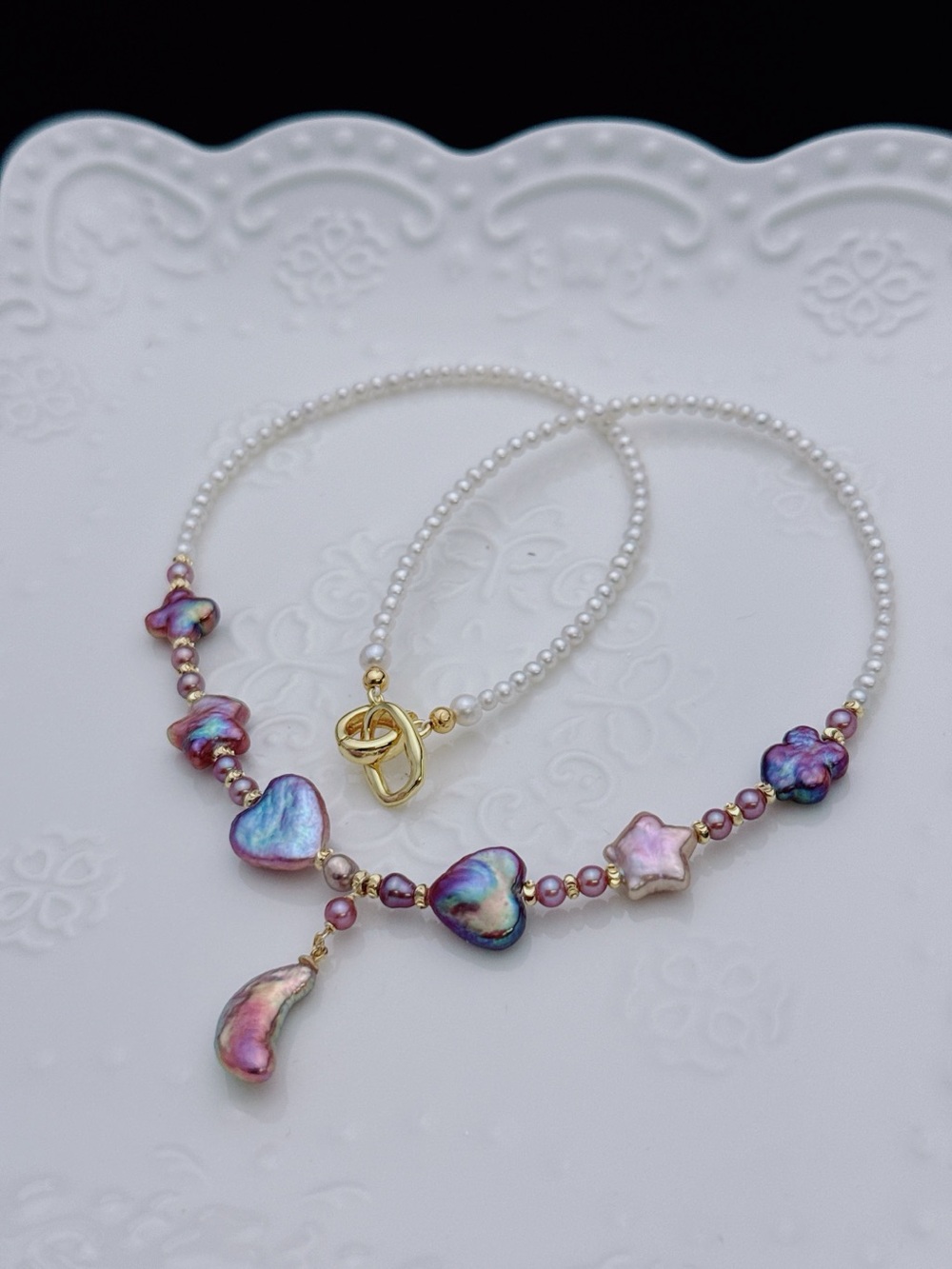 RL043 Handmade Premium Quality Freshwater Baroque Necklace Moon&Star 18” - Picture 3 of 16